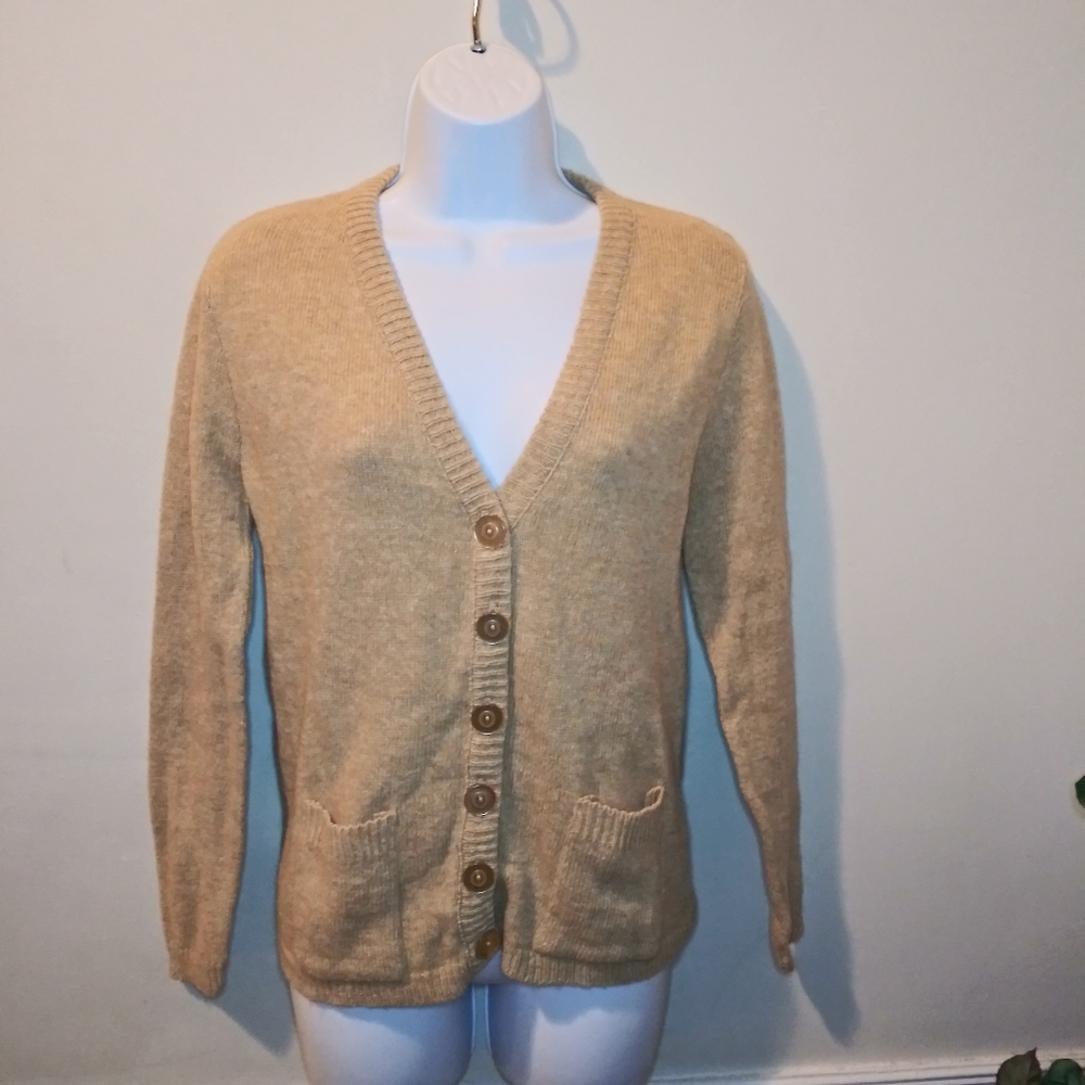 Vintage 60's Sears JR Bazaar Tan Wool Blend Academia Style Button Front Cardigan